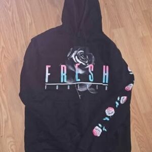 Fresh laundry black hoodie with roses graphics of blue and pink
